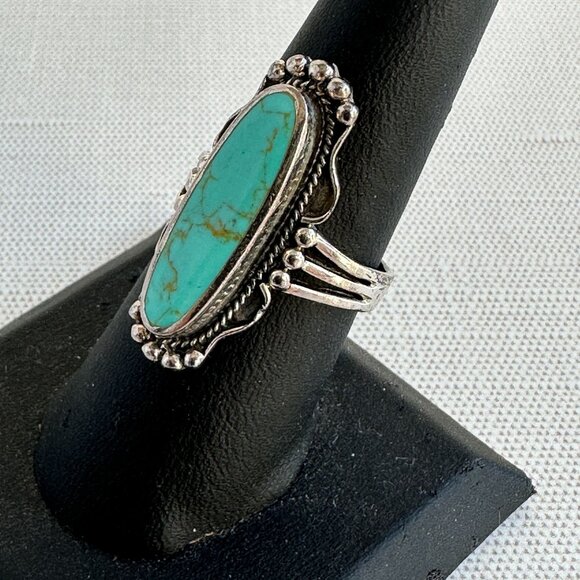 Turquoise Sterling Silver Ring Size 8 Long Oval Southwest Style - Picture 2 of 11